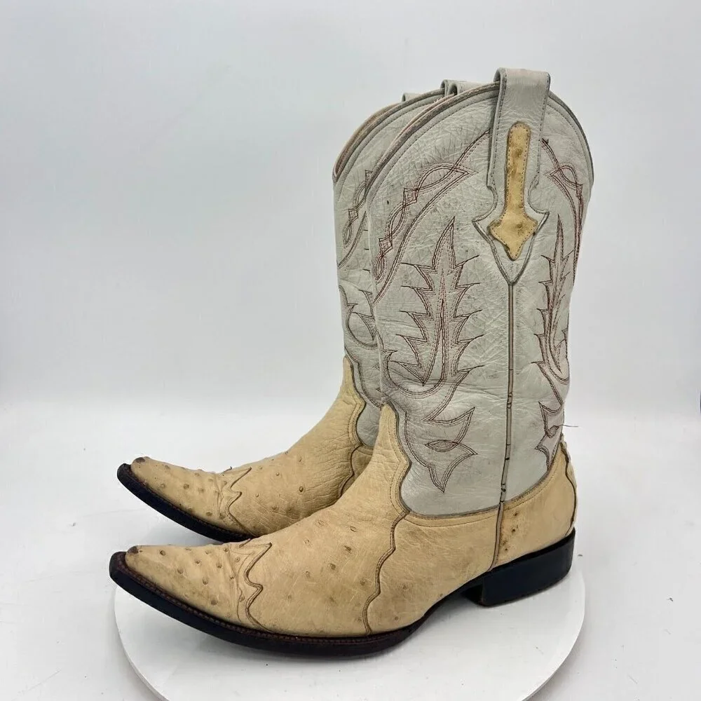 Yoncer Men Size 8 Cream White Leather Pointed Toe Pull On Western Cowboy Boot